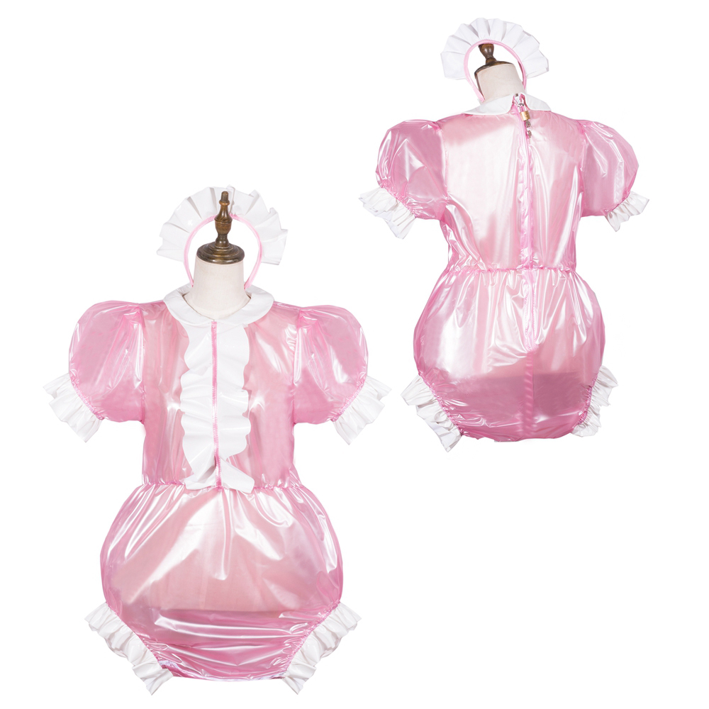 fondcosplay Clear Pink PVC Lockable Sissy Baby Romper with Frilly Trim ...