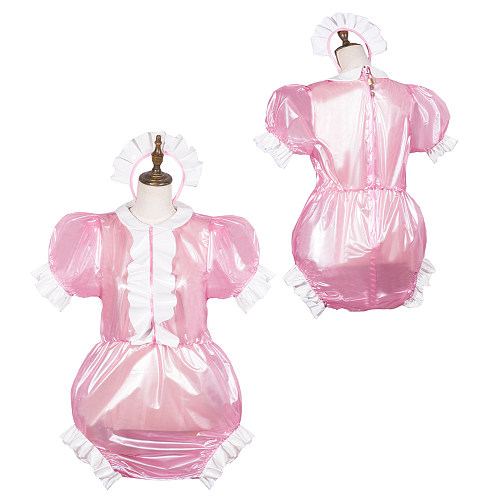 fondcosplay Clear Pink PVC Lockable Sissy Baby Romper with Frills and Matching headpiece [G3781]