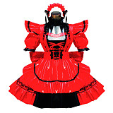 Red and Black Thin PVC Lockable Sissy Maid Dress with Lace Trim and Giant Bow [G449]