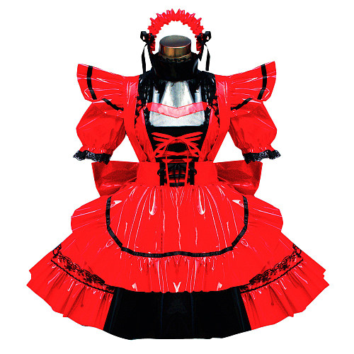 Red and Black Thin PVC Lockable Sissy Maid Dress with Lace Trim and Giant Bow [G449]