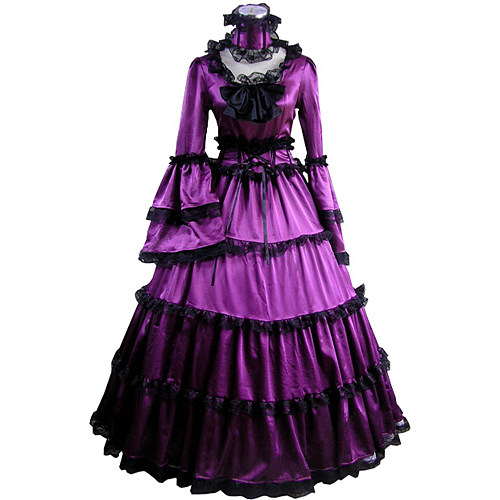 Victorian Purple Satin Gothic Cosplay Dress with High Collar [CK1414]