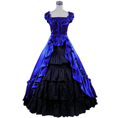 Victorian Blue and Black Satin Evening Gown Cosplay Dress [CK1411]