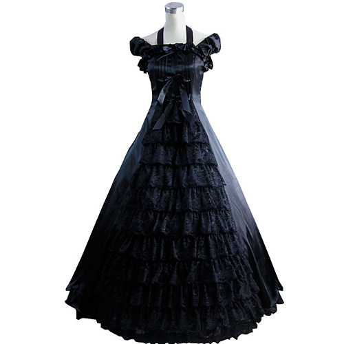 Victorian Black Satin Gothic Lace Tiered Cosplay Dress [CK1416]