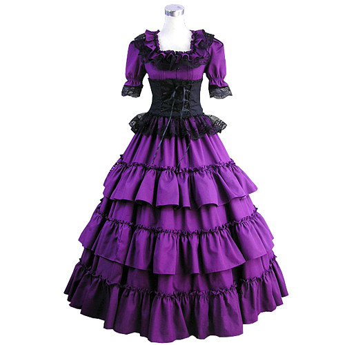 Victorian Purple & Black Cotton Ruffle Dress – Gothic Transformation Cosplay [CK1398]