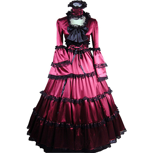 Victorian Wine Red Satin Gothic Cosplay Dress with High Collar [CK1415]