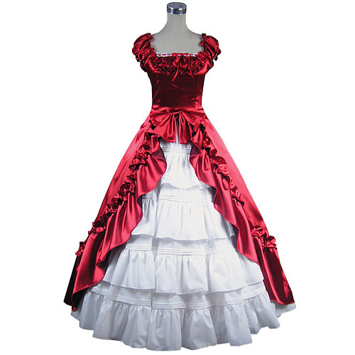 Victorian Red and White Satin Evening Gown Cosplay Dress [CK1410]
