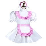 White & Pink Thin PVC Lockable Sissy Maid Crossdressing Dress with Frilly Apron [G3731]