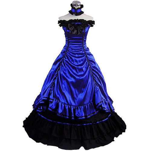 Victorian Royal Blue & Black Satin Gothic Evening Gown Cosplay Dress [CK1422]