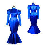 Fondcosplay Blue Satin Lockable Long Sleeve Mermaid Sissy Maid Dress – Crossdressing Outfit [G3722]