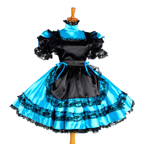 Blue & Black Satin Sissy Maid Dress – Lockable, Lace Trimmed Design [G1050]