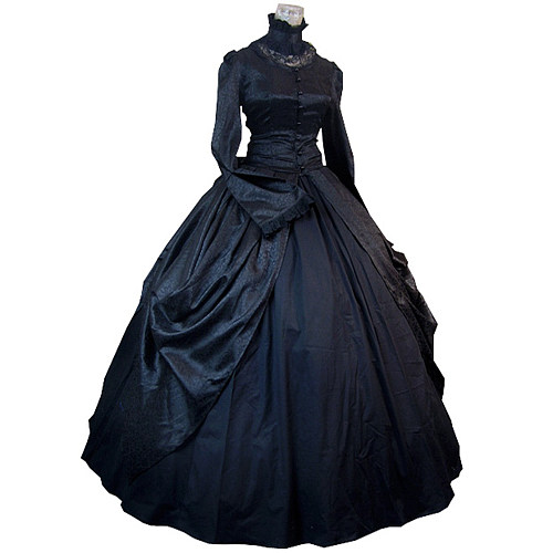 Handmade All-Black Satin Victorian High Neck Bustle Gown – Sissy Transformation Dress [CK1432]