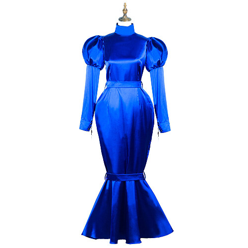 Fondcosplay Blue Satin Lockable Long Sleeve Mermaid Sissy Maid Dress – Crossdressing Outfit [G3722]