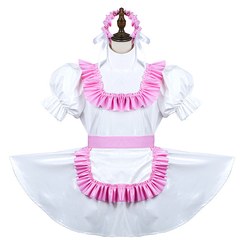White & Pink Thin PVC Lockable Sissy Maid Crossdressing Dress with Frilly Apron [G3731]