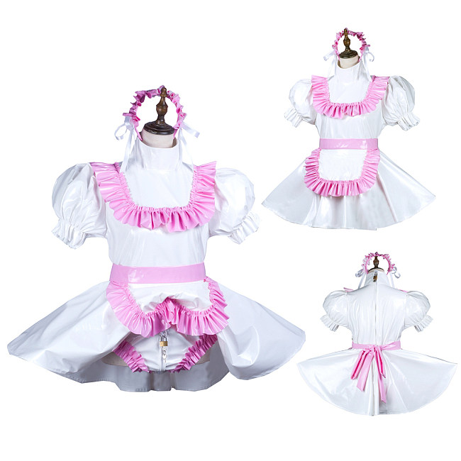 White & Pink Thin PVC Lockable Sissy Maid Crossdressing Dress with Frilly Apron [G3731]