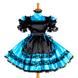 Blue & Black Satin Sissy Maid Dress – Lockable, Lace Trimmed Design [G1050]