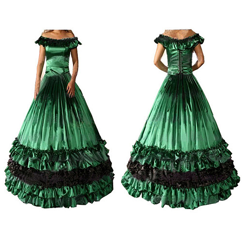 Handmade Green Satin Off-Shoulder Victorian Ruffle Evening Gown – Sissy Transformation Dress [CK1438]