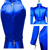 Fondcosplay Blue Satin Lockable Long Sleeve Mermaid Sissy Maid Dress – Crossdressing Outfit [G3722]
