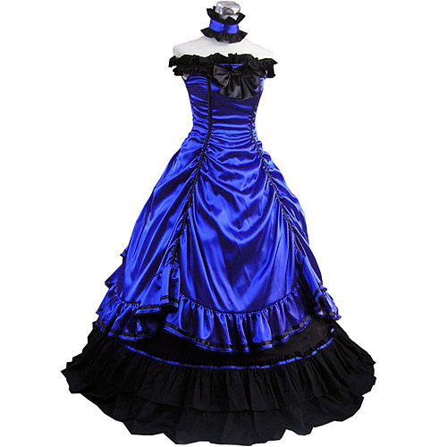 Victorian Royal Blue & Black Satin Gothic Evening Gown Cosplay Dress [CK1422]