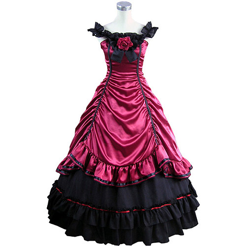 Victorian Wine Red and Black Satin Gothic Evening Gown [CK1421]