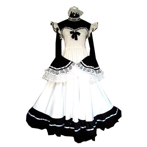 Black & White Cotton Sissy Maid Long Dress with Lace and Ruffles [G186]