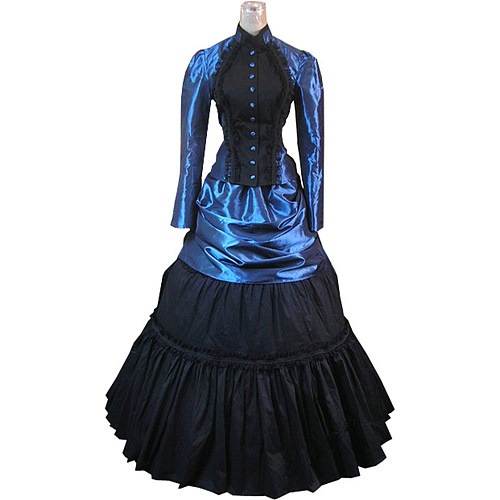 Handmade Blue and Black Taffeta Victorian Bustle Evening Gown – Sissy Crossdressing Dress [CK1428]