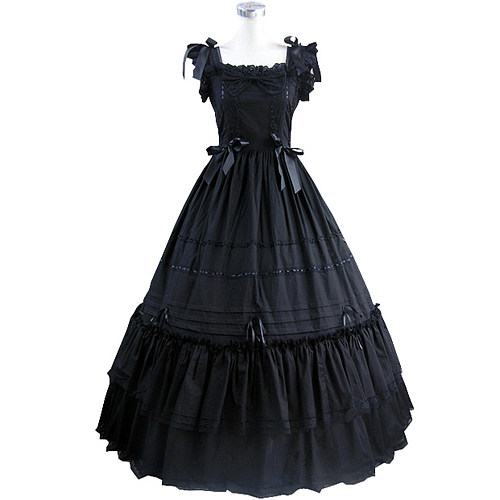 Handmade Black Cotton Victorian Sleeveless Evening Gown with Ruffles and Bows – Sissy Transformation Dress [CK1434]