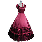 Handmade Wine Red Satin Victorian Cap Sleeve Ruffle Evening Gown – Sissy Transformation Dress [CK1442]