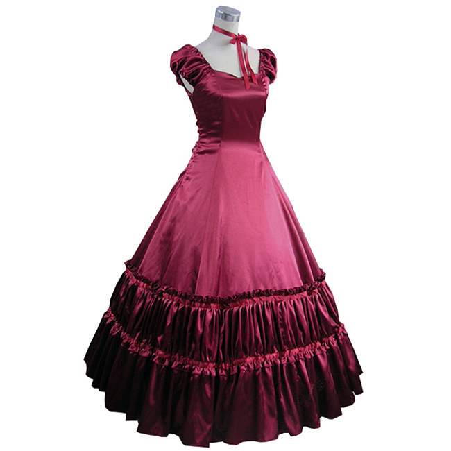 Handmade Wine Red Satin Victorian Cap Sleeve Ruffle Evening Gown – Sissy Transformation Dress [CK1442]