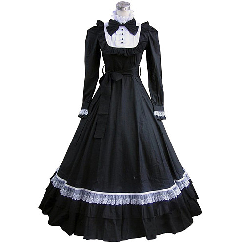 Handmade Black Cotton Victorian Evening Gown with Lace – Sissy Transformation Dress [CK1425]