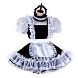 Black & White Satin Sissy Maid Dress – Lockable with Puff Sleeves & Lace Apron [G2007]