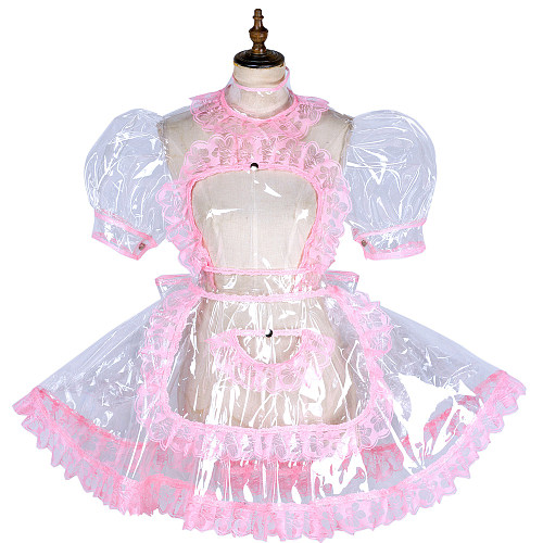 Clear PVC Lockable Sissy Maid Dress with Pink Lace – Transparent Design [G1800]