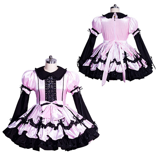 Fondcosplay Lockable Sissy Maid Velvet Dress Light Pink with Black Accents Crossdressing Costume [G3964]