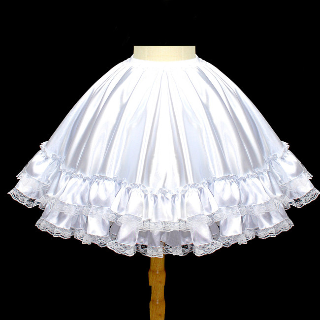 White Satin Petticoat Skirt with Ruffles & Lace Trim [T5]