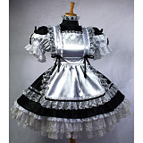 Black & Silver Satin Sissy Maid Dress – Lockable with Frilly Lace[G664]