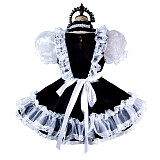 Black & White Satin Sissy Maid Dress – Lockable with Puff Sleeves & Lace Apron [G2007]
