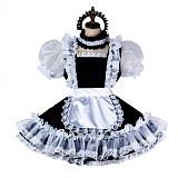 Black & White Satin Sissy Maid Dress – Lockable with Puff Sleeves & Lace Apron [G2007]