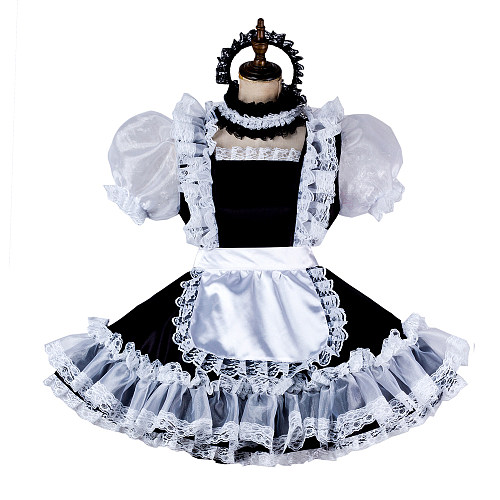 Black & White Satin Sissy Maid Dress – Lockable with Puff Sleeves & Lace Apron [G2007]