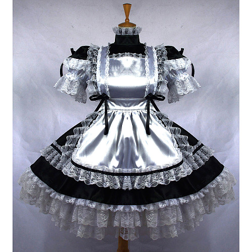Black & Silver Satin Sissy Maid Dress – Lockable with Frilly Lace[G664]