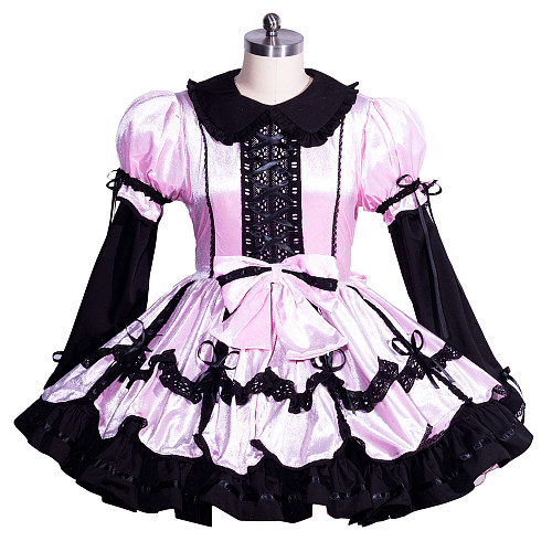 Fondcosplay Lockable Sissy Maid Velvet Dress Light Pink with Black Accents Crossdressing Costume [G3964]
