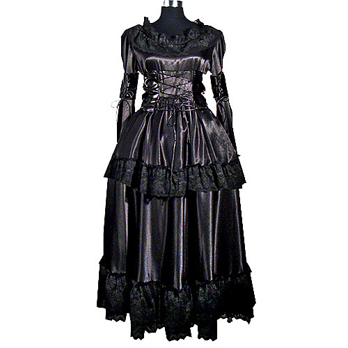 Black Satin Sissy Maid Dress Gown – Lockable Corset Design with Lace Layers [G012]