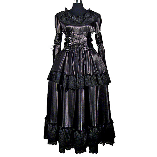 Black Satin Sissy Maid Dress Gown – Lockable Corset Design with Lace Layers [G012]