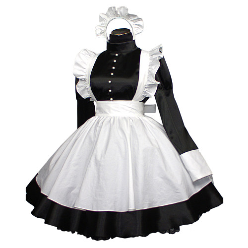 Black & White Satin Sissy Maid Dress – Lockable High-Collar Uniform Style [G406]