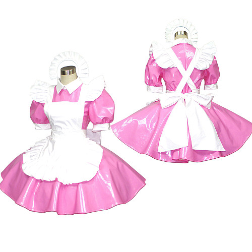 Pink & White Thin PVC Sissy Maid Dress – Lockable Frilly Gloss Finish [G395]