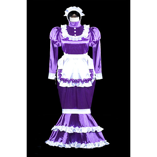 fondcosplay Purple Satin Lockable Bondage Mermaid Sissy Maid Dress with White Apron and Headpiece [G3843]