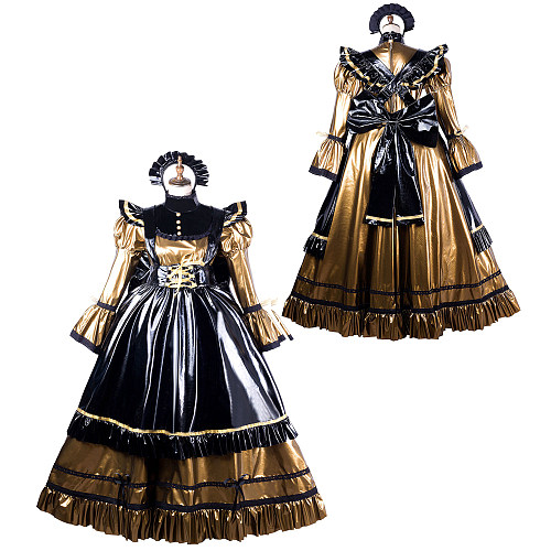 Fondcosplay Black and Gold Thin PVC Lockable Full-Length Sissy Maid Dress with Oversized Bow [G2157]
