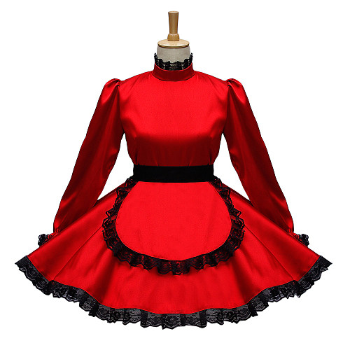 Red and Black Satin Lockable Sissy Maid Dress with Lace Trim and Apron [G593]