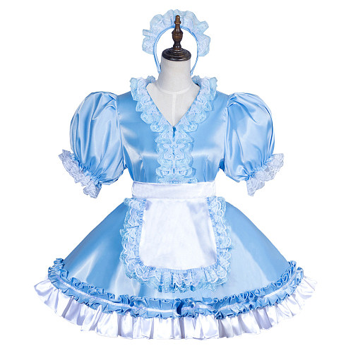 fondcosplay Baby Blue Satin Lockable Sissy Maid Dress with White Apron, Lace Trim, and Headband [G3771]
