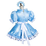 fondcosplay Baby Blue Satin Lockable Sissy Maid Dress with White Apron, Lace Trim, and Headband [G3771]