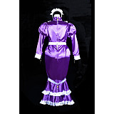 fondcosplay Purple Satin Lockable Bondage Mermaid Sissy Maid Dress with White Apron and Headpiece [G3843]