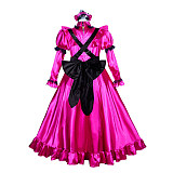 Fondcosplay Lockable Sissy Maid Satin Long Dress Hot Pink with Black Apron Crossdressing Costume [G3948]
